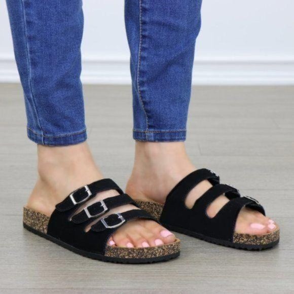 Shoes - Black Velvet 3 Buckle Strap Slider Sandals